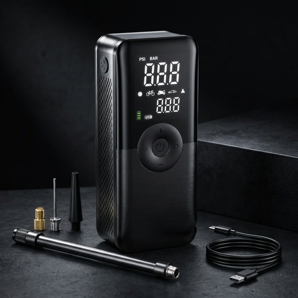 Portable Tire Inflator Air Compressor - Cordless Car Tire Pump with Digital Pressure Gauge & Emergency Light