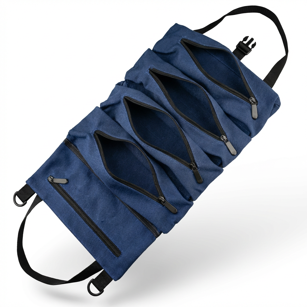 Canvas Tool Roll Organizer – Heavy-Duty Roll Up Bag with 5 Zipper Pockets for Mechanics & DIY