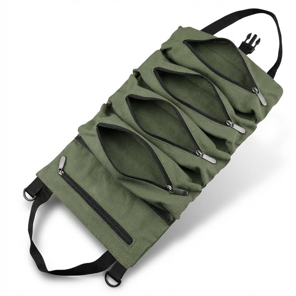 Canvas Tool Roll Organizer – Heavy-Duty Roll Up Bag with 5 Zipper Pockets for Mechanics & DIY