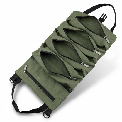 Canvas Tool Roll Organizer – Heavy-Duty Roll Up Bag with 5 Zipper Pockets for Mechanics & DIY