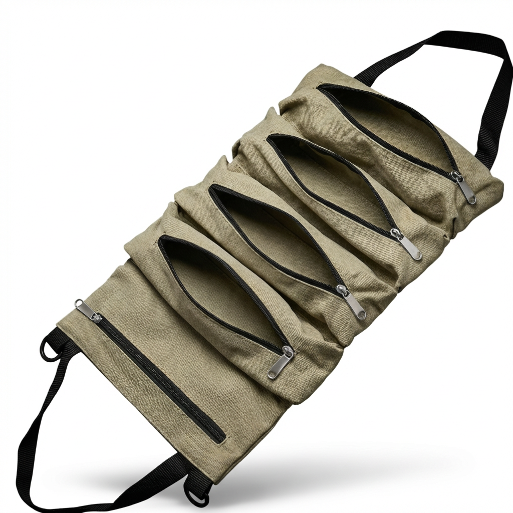 Canvas Tool Roll Organizer – Heavy-Duty Roll Up Bag with 5 Zipper Pockets for Mechanics & DIY