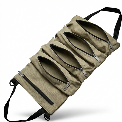 Canvas Tool Roll Organizer – Heavy-Duty Roll Up Bag with 5 Zipper Pockets for Mechanics & DIY