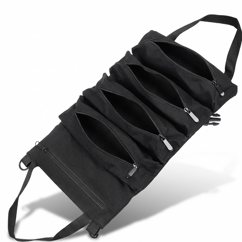 Canvas Tool Roll Organizer – Heavy-Duty Roll Up Bag with 5 Zipper Pockets for Mechanics & DIY