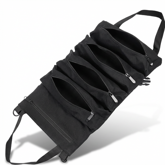 Canvas Tool Roll Organizer – Heavy-Duty Roll Up Bag with 5 Zipper Pockets for Mechanics & DIY