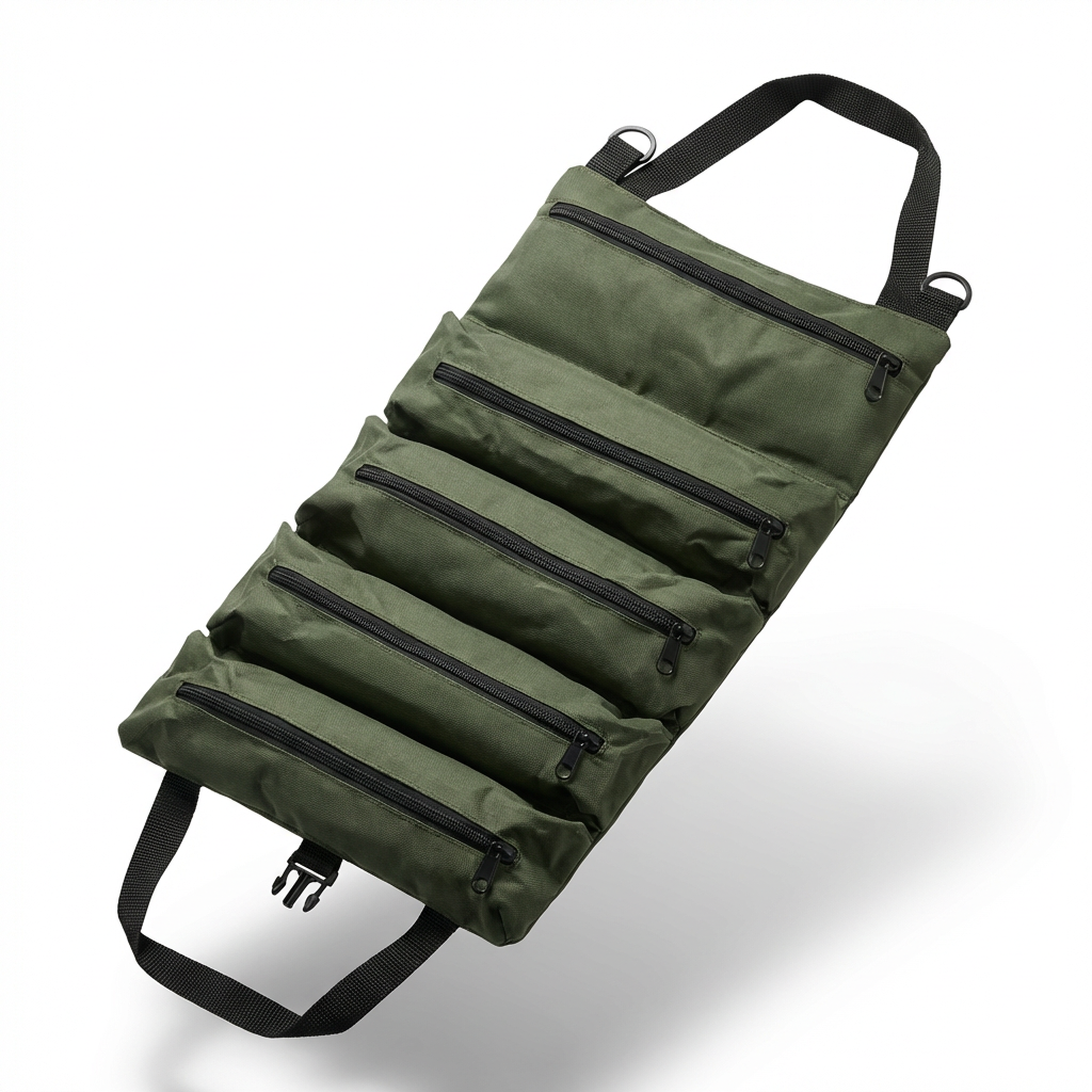 Canvas Tool Roll Organizer – Heavy-Duty Roll Up Bag with 5 Zipper Pockets for Mechanics & DIY