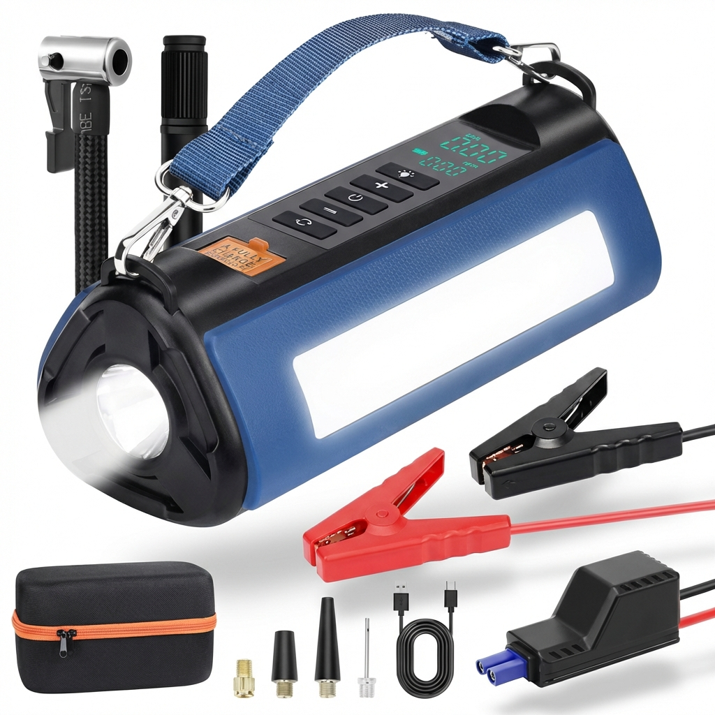 4-in-1 Car Jump Starter & Tire Inflator Pump - 10000mAh Emergency Power Supply
